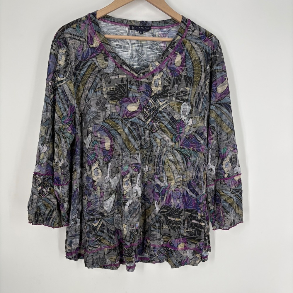 Carine Womens XL Abstract Botanical Print Knit Top V-Neck 3/4 Sleeve Indie Artsy